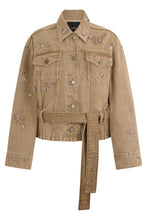 Load image into Gallery viewer, Denim jacket with belt and jewelry embroidery