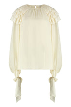 Load image into Gallery viewer, Ruffled polka-dot print silk top
