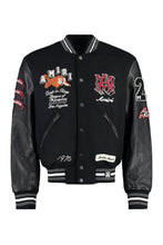Load image into Gallery viewer, Wool bomber jacket with patches and leather sleeves

